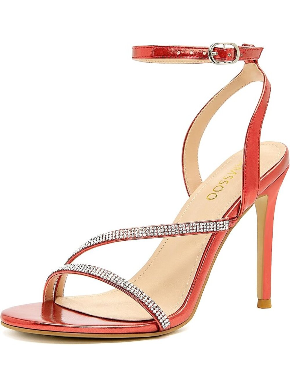 Women's Red Faux Leather Slingback Rhinestone Stiletto Dresses Heels Sandals